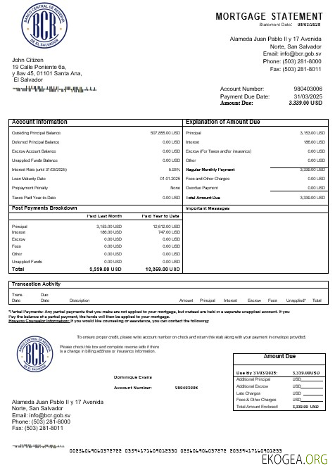 Relevé hypothécaire de Salvador Banco Central de Reserva aux formats Word et PDF